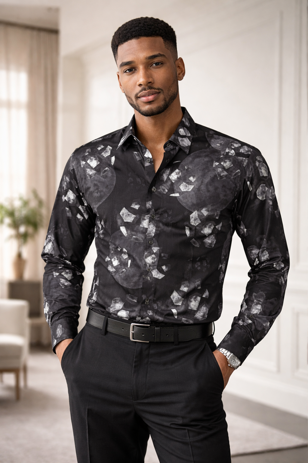 E5 Men's T-Shirt - Black Floral Bird Print