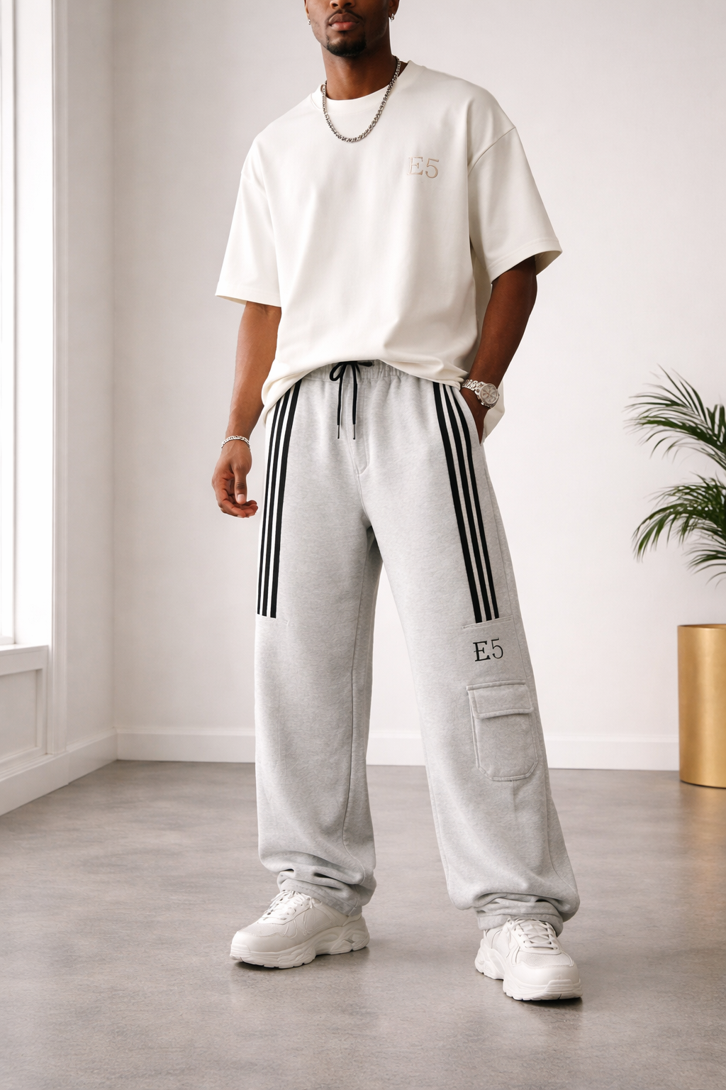 E5 Men's ASH BLACK Snap Button Side Stripe Joggers