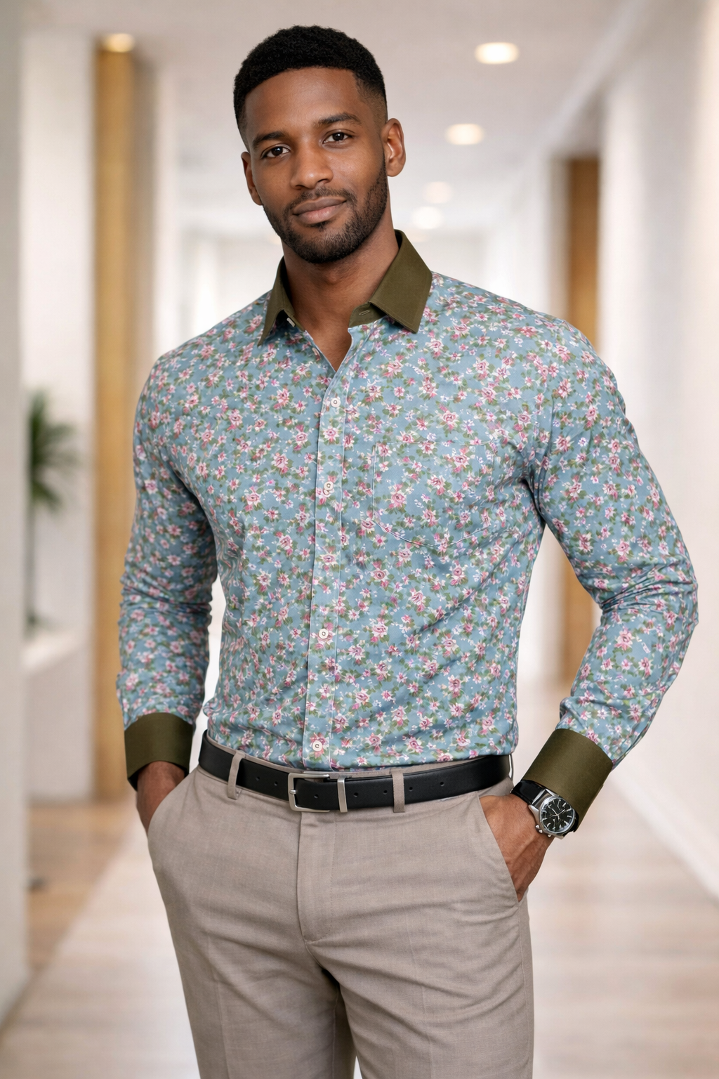 E5 Men's T-Shirt - Burgundy Floral LONG Sleeve