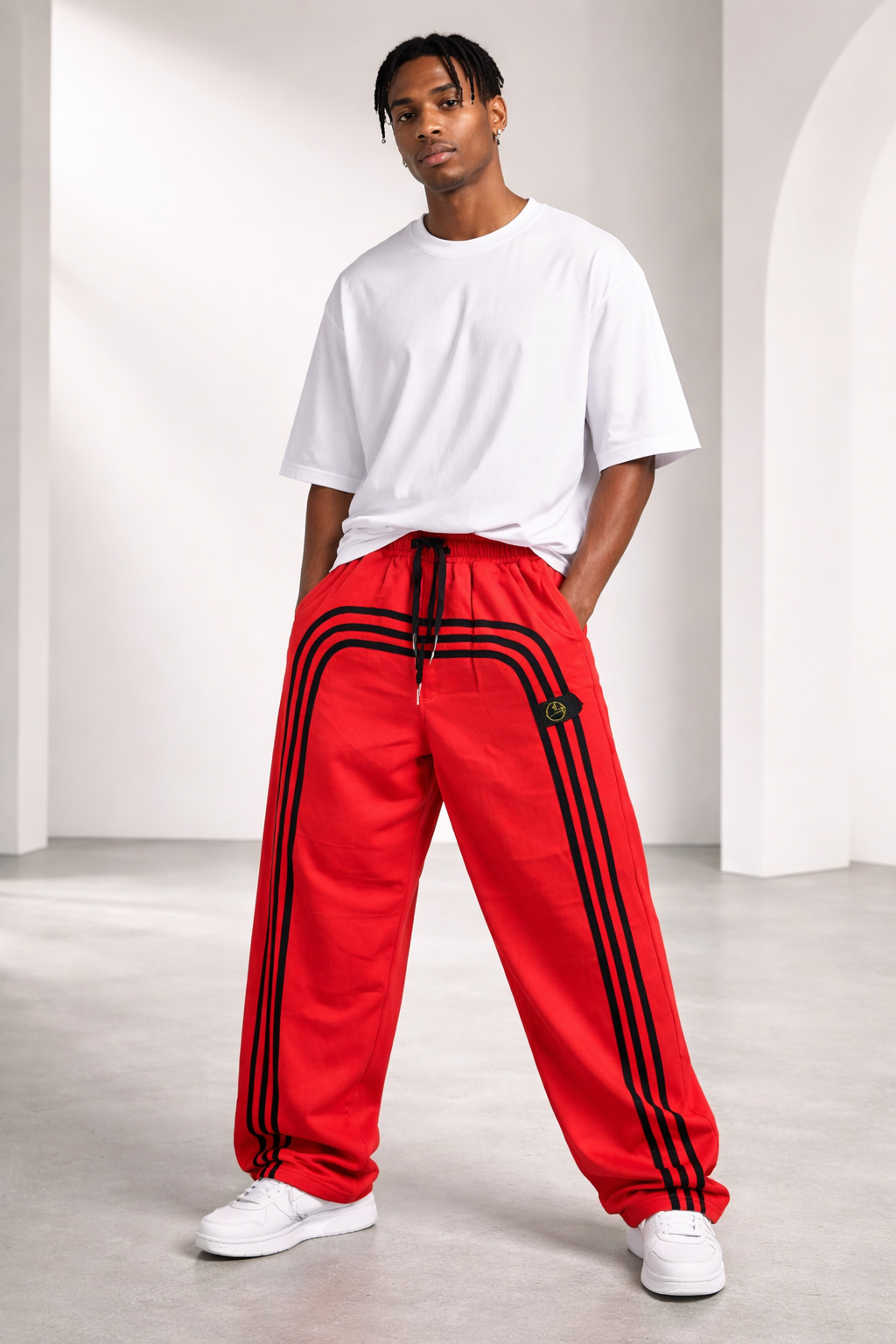 E5 Men's RED BLACK Stripe Wide Leg Joggers