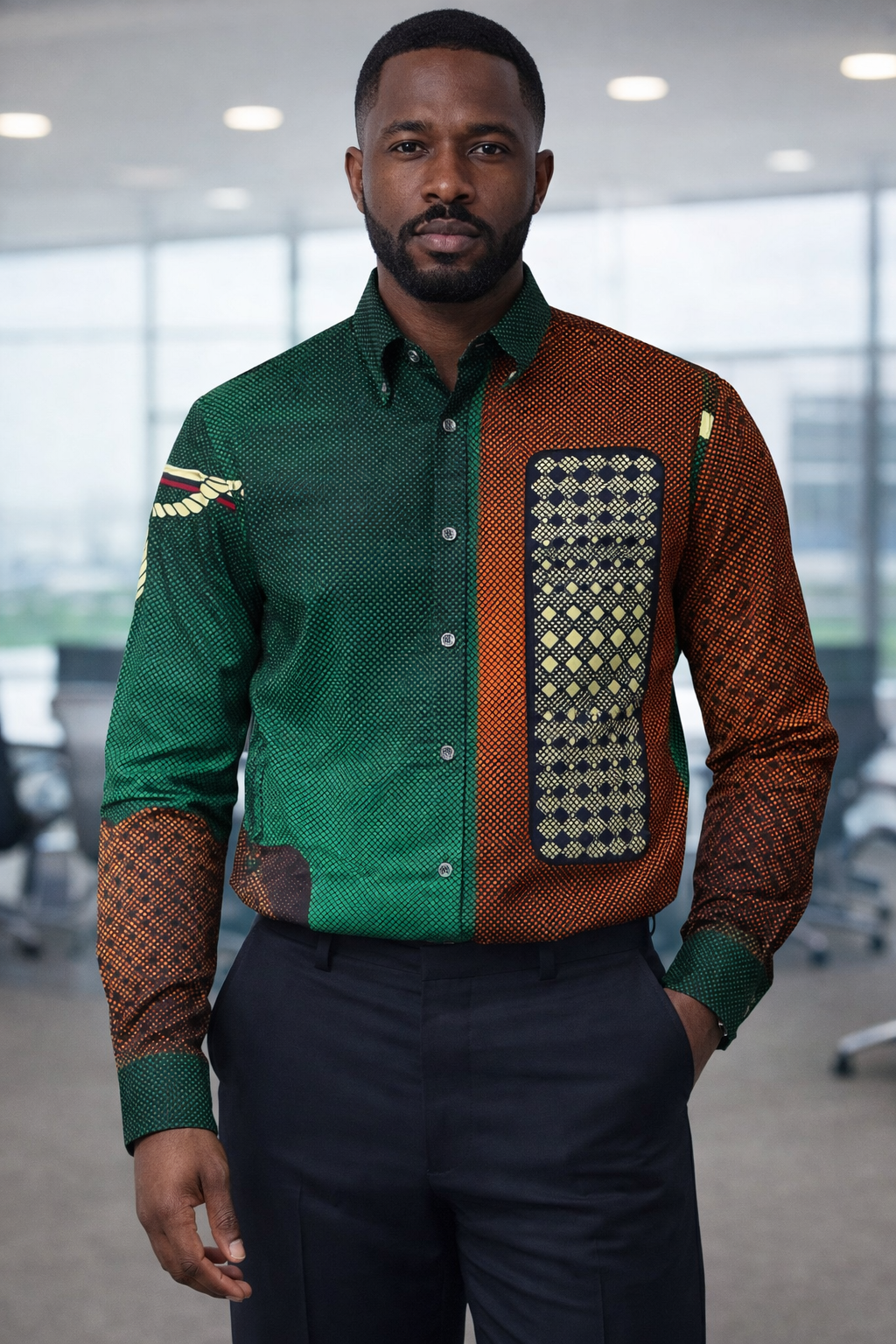 E5 Ankara African Print Long Sleeve Shirt - Green Brown