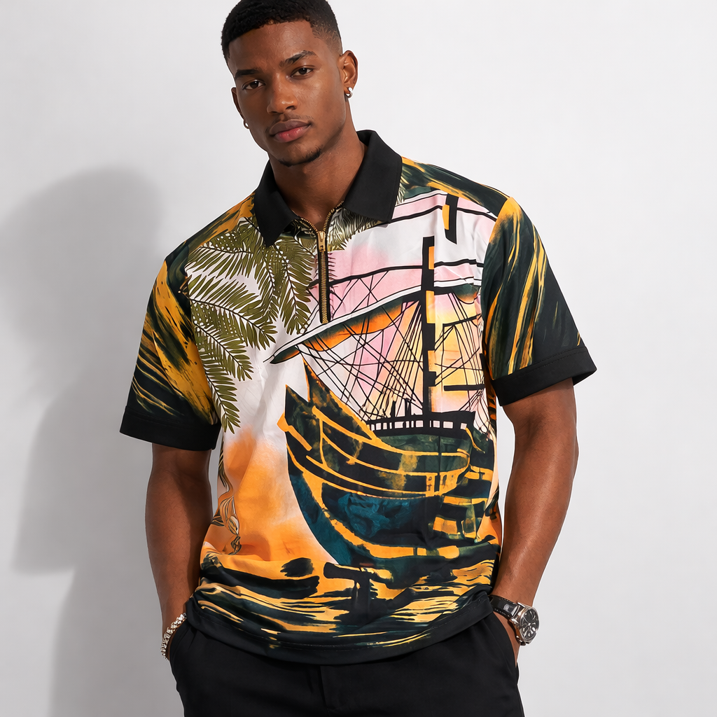E5 Men's T-Shirt - Black White Geo Floral Short Sleeve