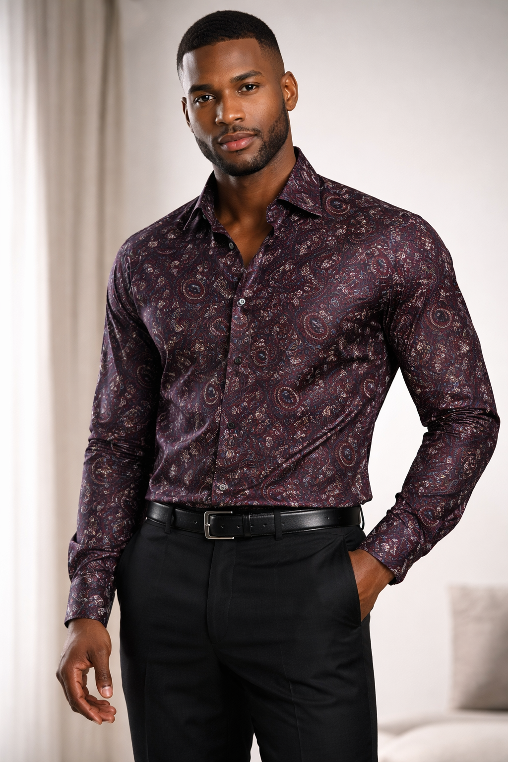 E5 Men's T-Shirt - Black Geo Floral Long Sleeve