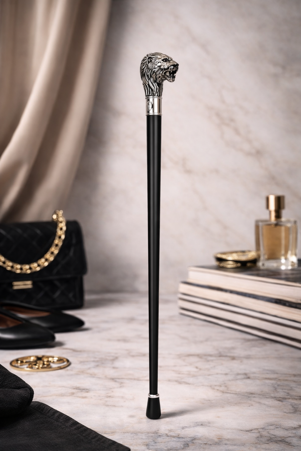 Silver-Topped LION HEAD Walking Stick