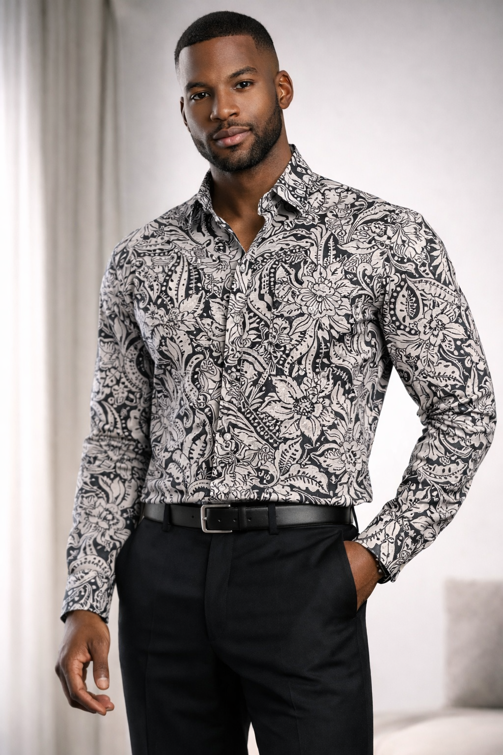 E5 Men's T-Shirt - Sage grey Floral Long Sleeve
