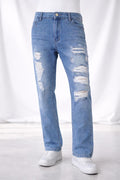 E5 Men's Light Blue Heavy Ripped Straight Jeans
