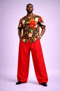 African Print Senator Shirt & Red Wide-Leg Trousers