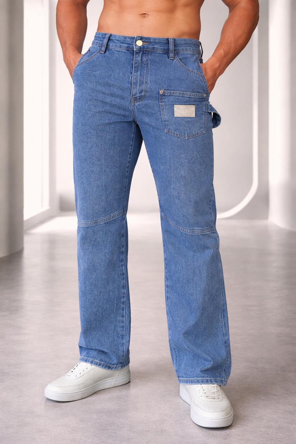 E5 Men's Light Blue Ripped Black Patch Jeans