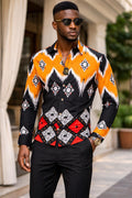 E5 Men's T-Shirt - BLACK AND ORANGE Multi Geo Polo LONG Sleeve