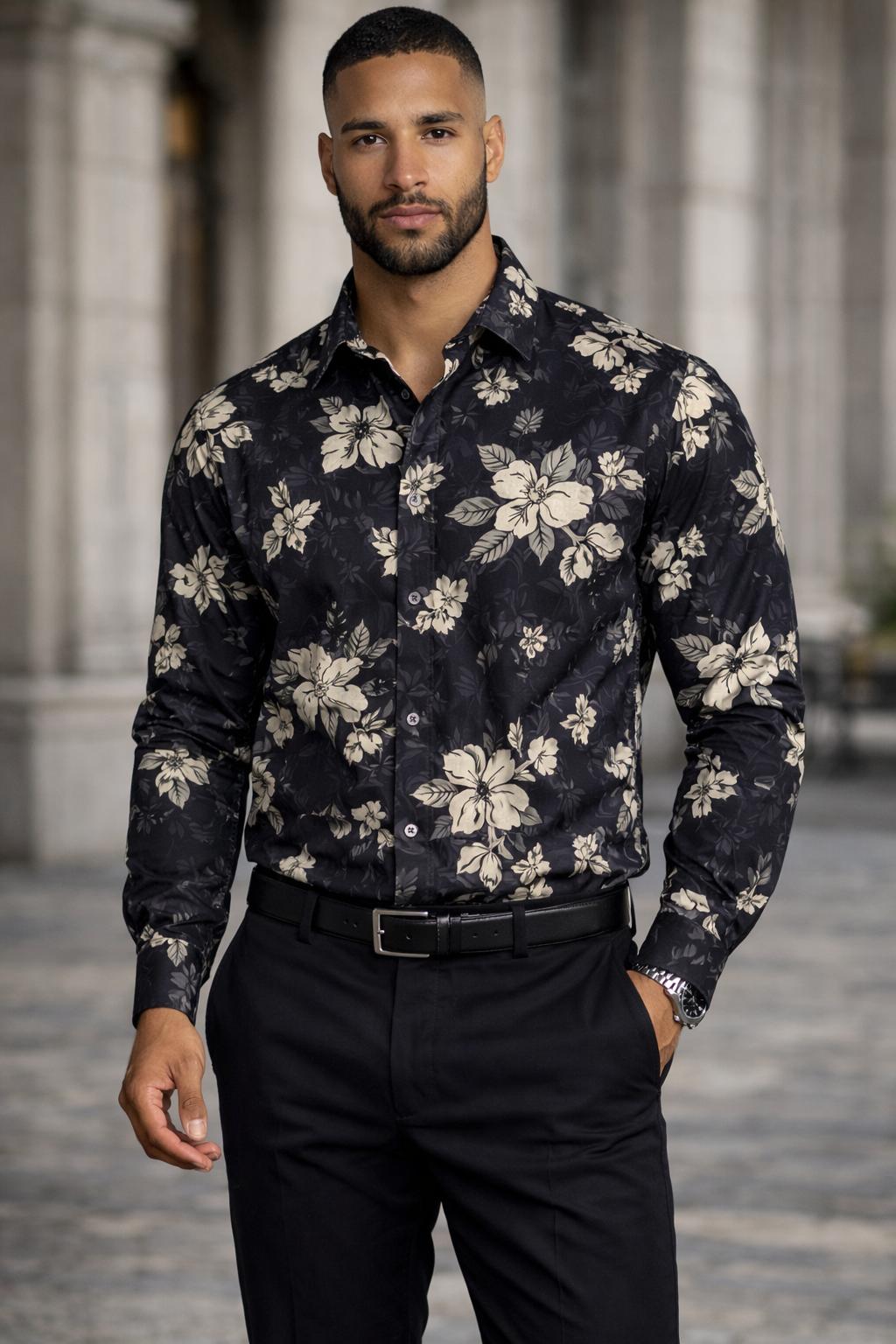 E5 Men's T-Shirt - White Floral Sketch long Sleeve
