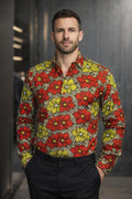 E5 Ankara African Print Long Sleeve Shirt - Red Yellow Floral