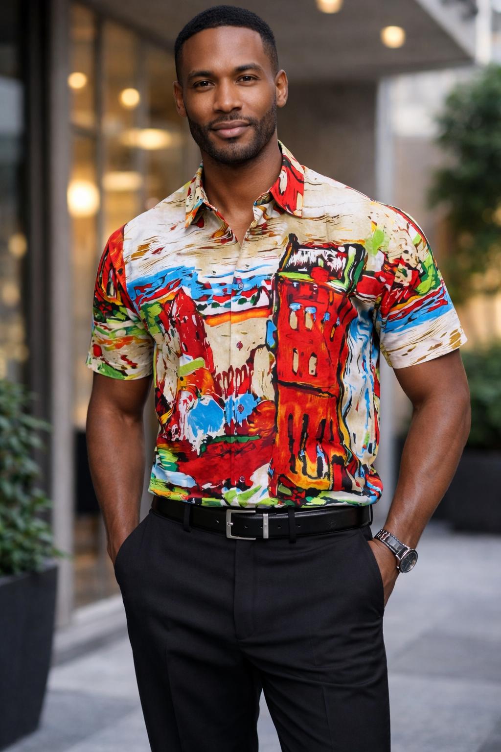 E5 Men's T-Shirt - Cream Multi Geo Abstract Short Sleeve