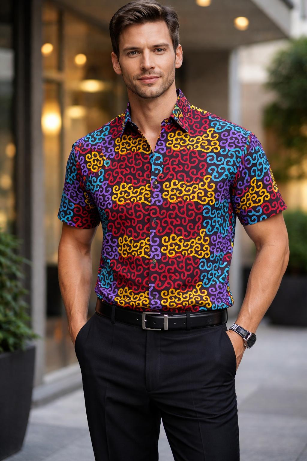 E5 Men's T-Shirt - ankara Multi Swirl Abstract Short Sleeve