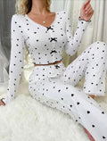 White Heart-Print Long Sleeve & Trouser Set