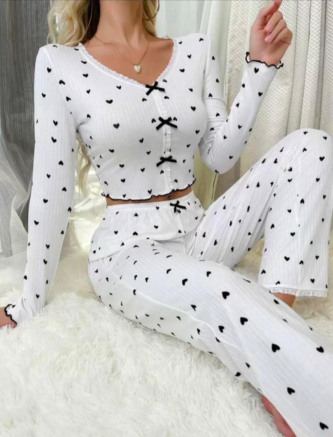 White Heart-Print Long Sleeve & Trouser Set