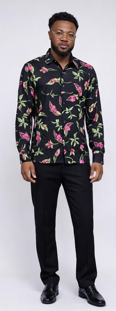 E5 Men's T-Shirt - Black pink Floral Sketch Long Sleeve
