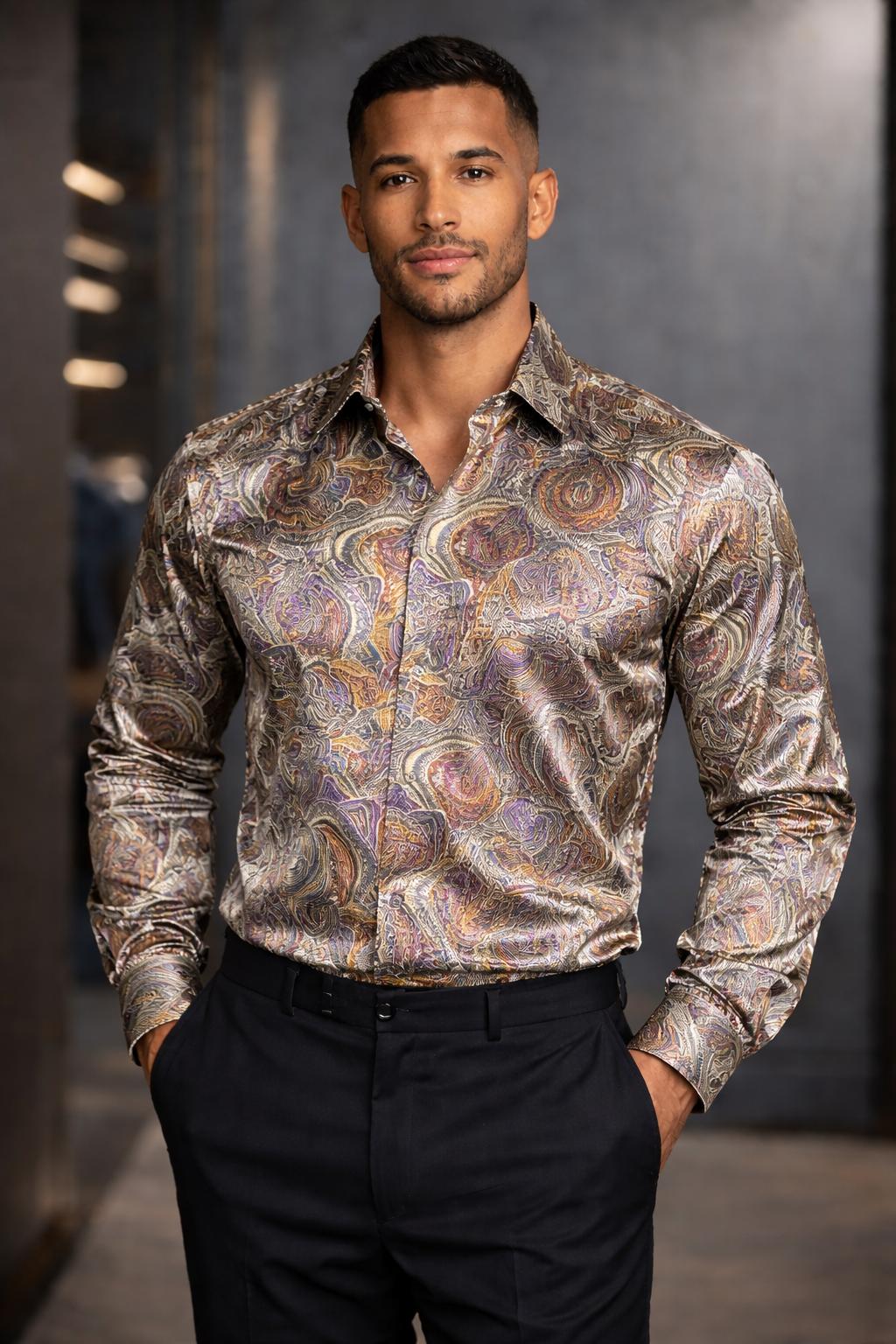 E5 Men's T-Shirt - DARK GOLD Abstract LONG Sleeve